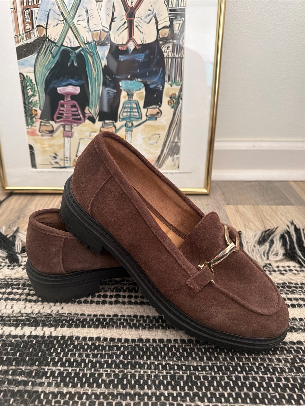 Like New Brown Suede Mule Loafers with Gold Buckle